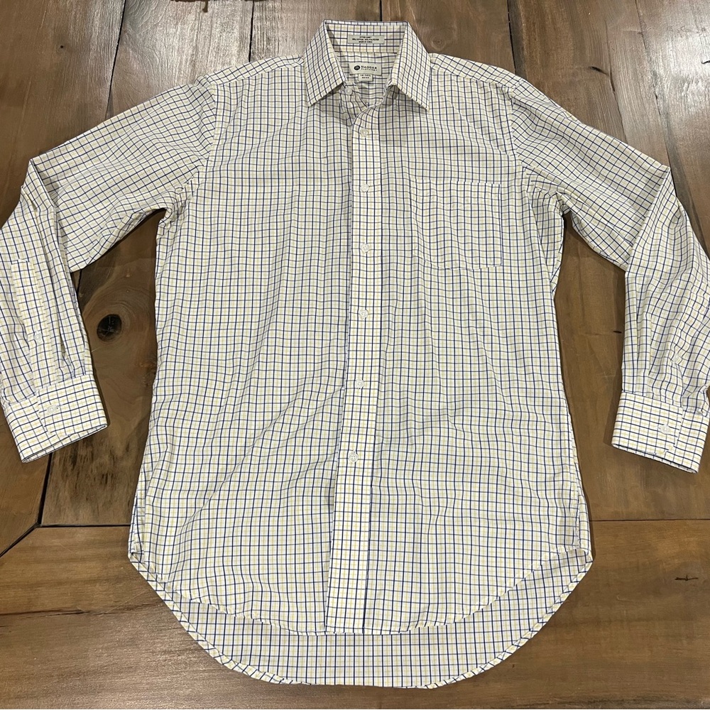 Haggar Clothing Men’s Fitted Dress Shirt, Size 14-14.5 32/33, Blue/Yellow Check
